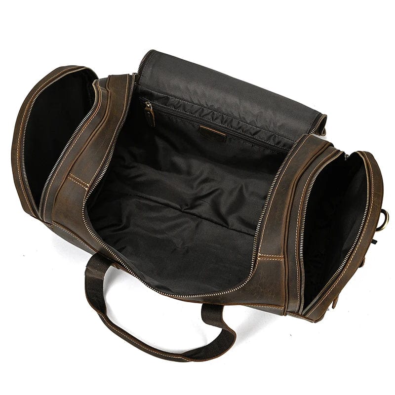 Vue latérale du sac de voyage homme Édourd en cuir marron foncé, bagage cabine compact et stylé
