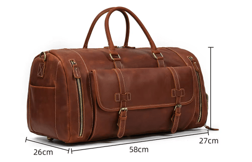 Sac week-end homme en cuir véritable marron, grand compartiment, parfait accessoire de voyage.