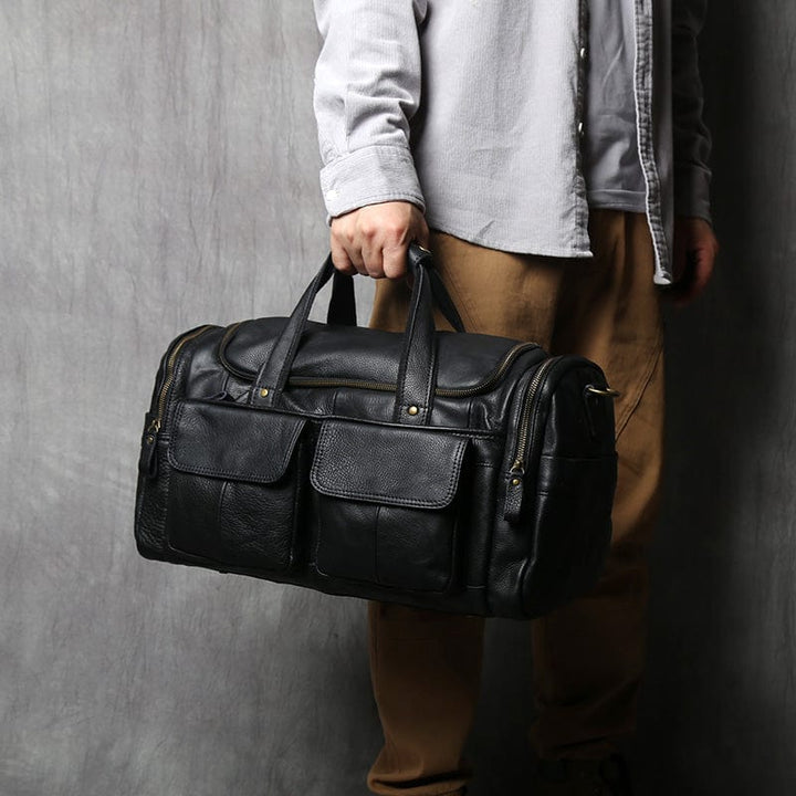 Sac de voyage en cuir véritable marron avec bandoulière réglable, style vintage pour homme.