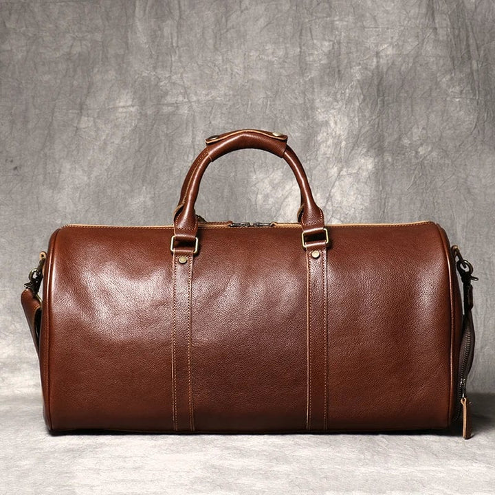 Sac de voyage homme en cuir pleine fleur, fermeture éclair robuste, grand compartiment, marron