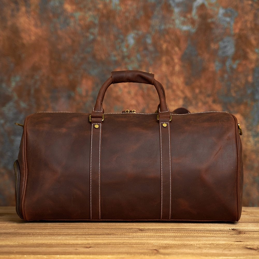 Sac week-end homme en cuir véritable, pieds de protection métalliques, stabilité et durabilité