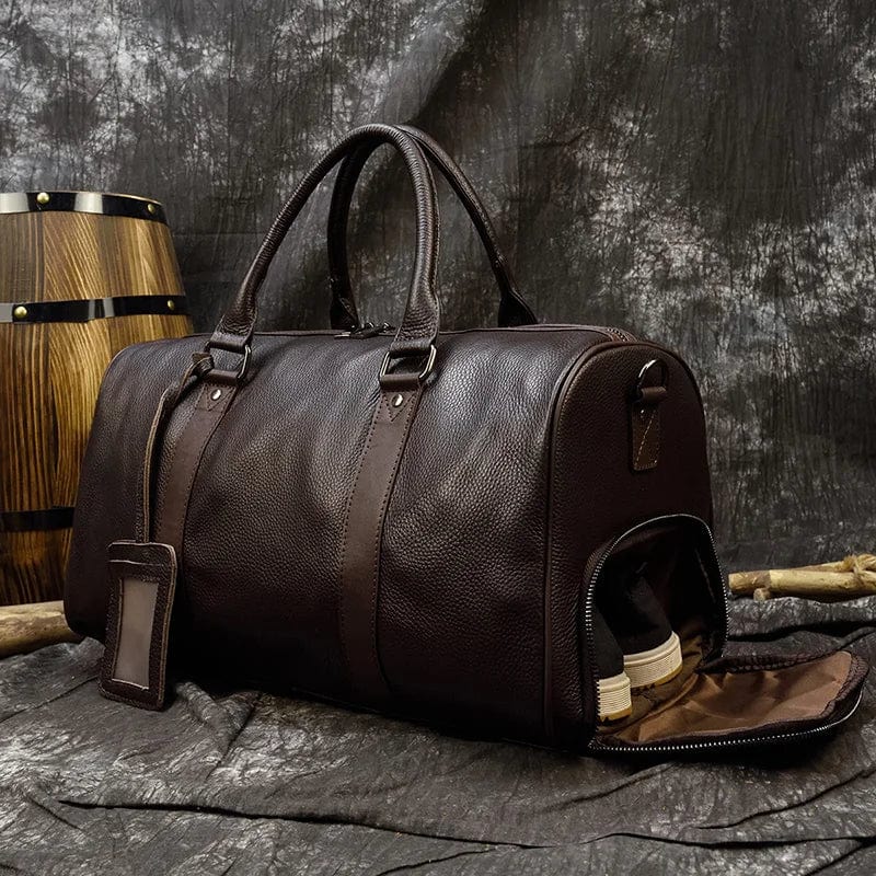 Sac de voyage homme en cuir véritable, style vintage, marron foncé, polyvalent pour le sport et le week-end, sac cabine de luxe.