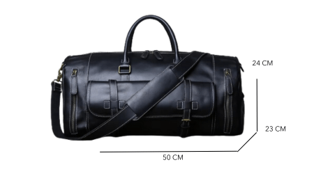 Sac fin de semaine homme en cuir véritable noir, avec fermetures éclair dorées, grand compartiment, 50cm.