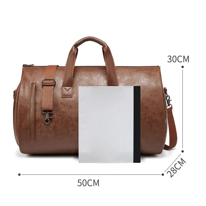 Sac de voyage homme 48h élégant, cuir vegan, porte-costume, compartiment chaussures.