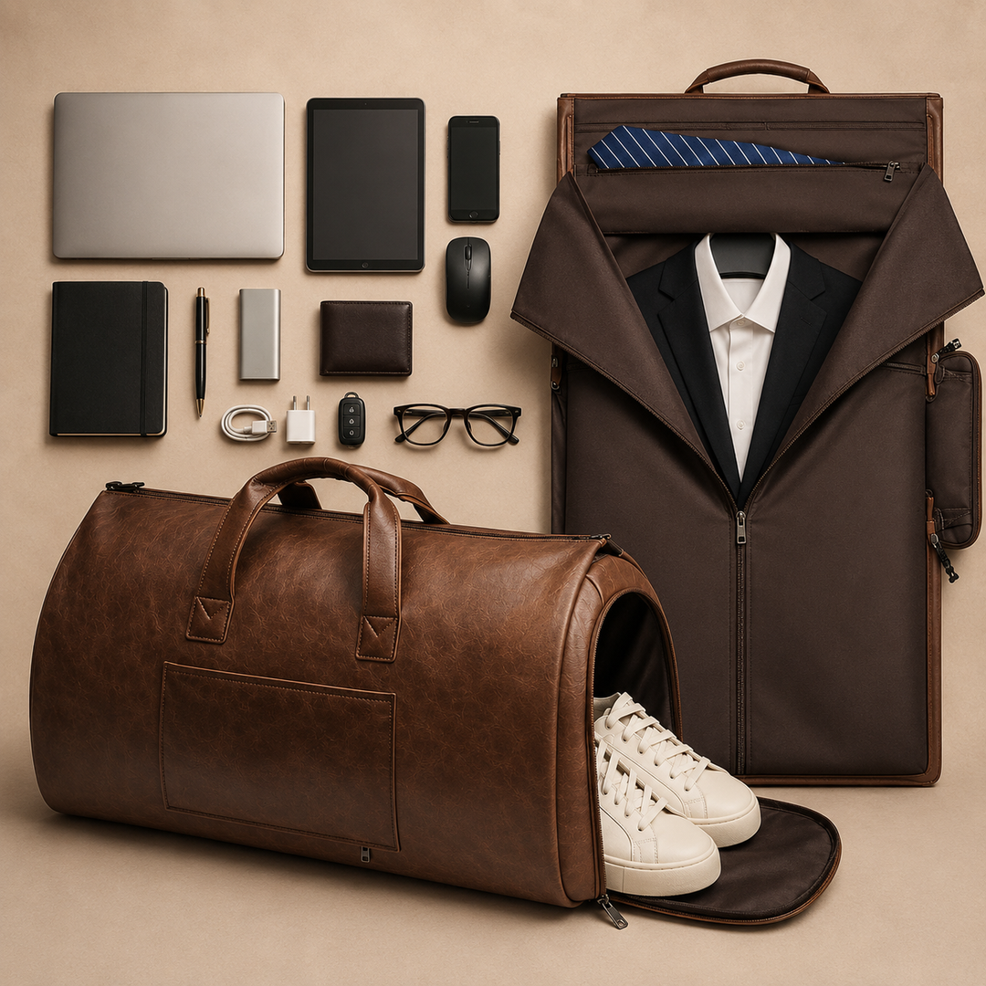 Sac costume homme 48h en cuir vegan fonctionnel, avec poches et compartiment chaussures.