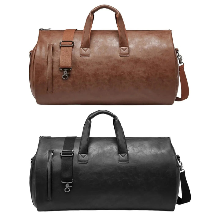 Sac de voyage homme 48h cuir vegan, parfait week-end ou affaires, porte-costume intégré.