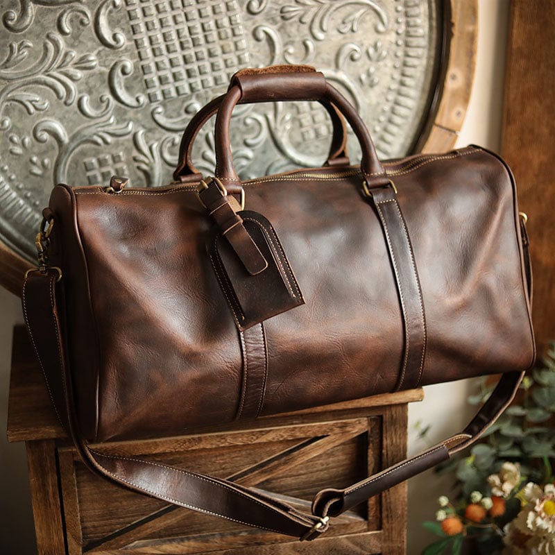 Sac week-end homme Kaïs en cuir marron, bagage cabine idéal