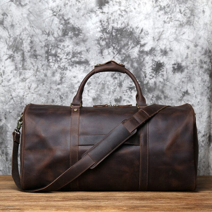 Sac de voyage en cuir véritable couleur café, avec bandoulière, pour escapades de luxe