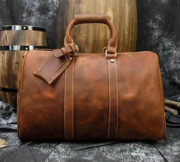 Sac de voyage homme en cuir véritable marron foncé, bandoulière amovible incluse