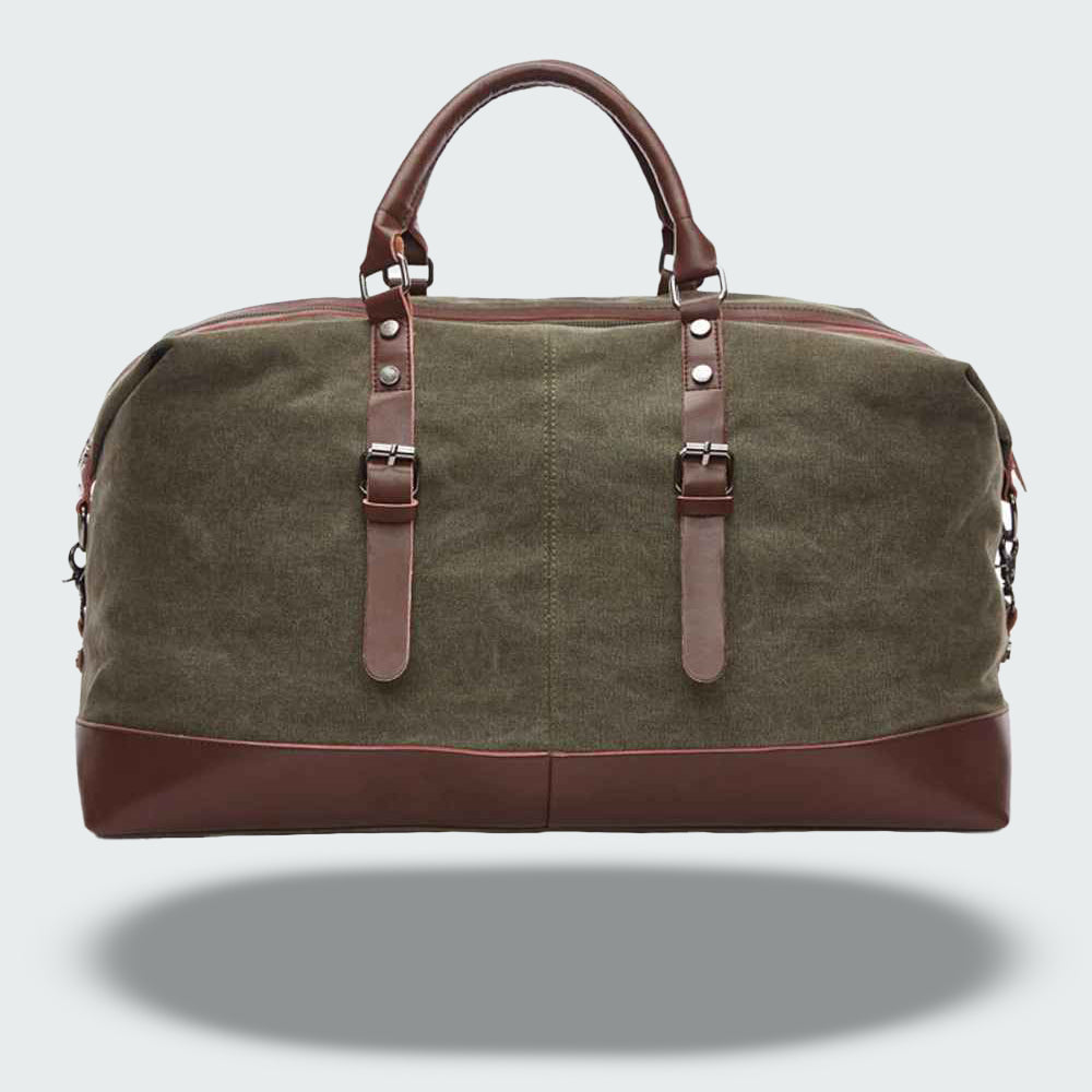 Sac de voyage unisexe robuste en toile cirée marron et cuir, style vintage et durable.