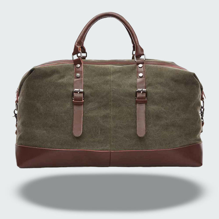 Sac de voyage unisexe robuste en toile cirée marron et cuir, style vintage et durable.