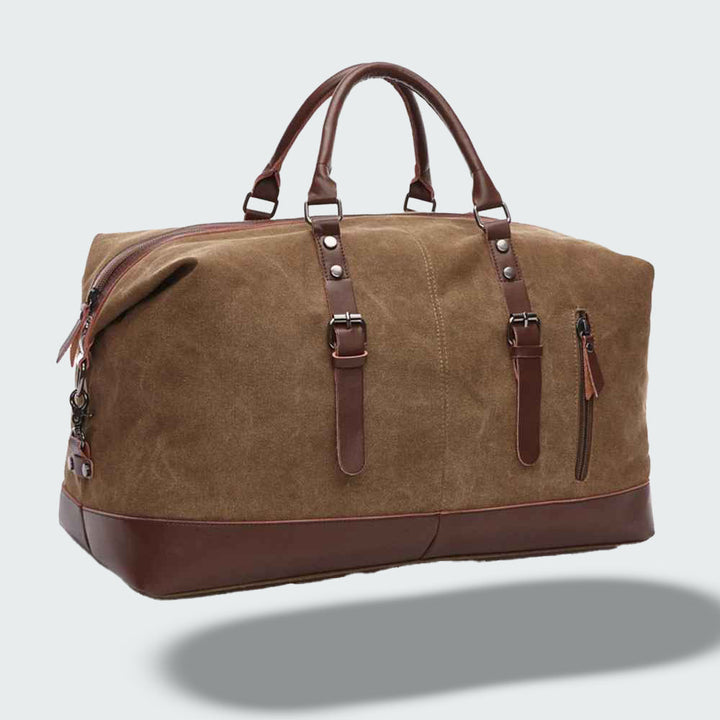 Sac de voyage fourre-tout vintage ouvert, dévoilant son grand espace, en toile cirée.