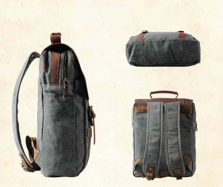 Sac à dos Bernard unisexe avec compartiment ordinateur, en toile durable et cuir vintage, style tendance.