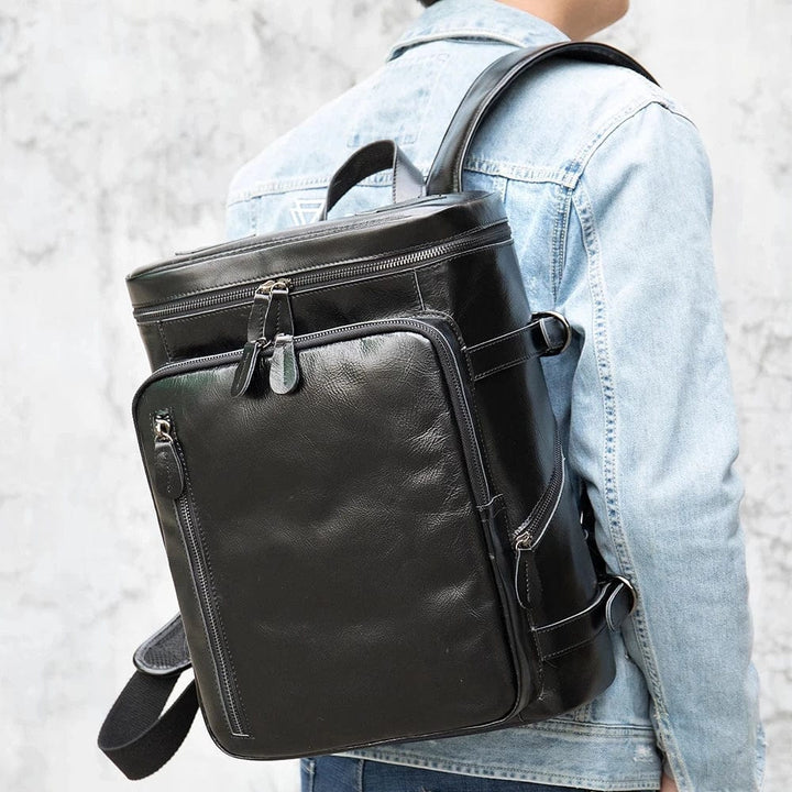 Sac à dos chic en cuir véritable noir pour homme, idéal ordinateur portable et travail