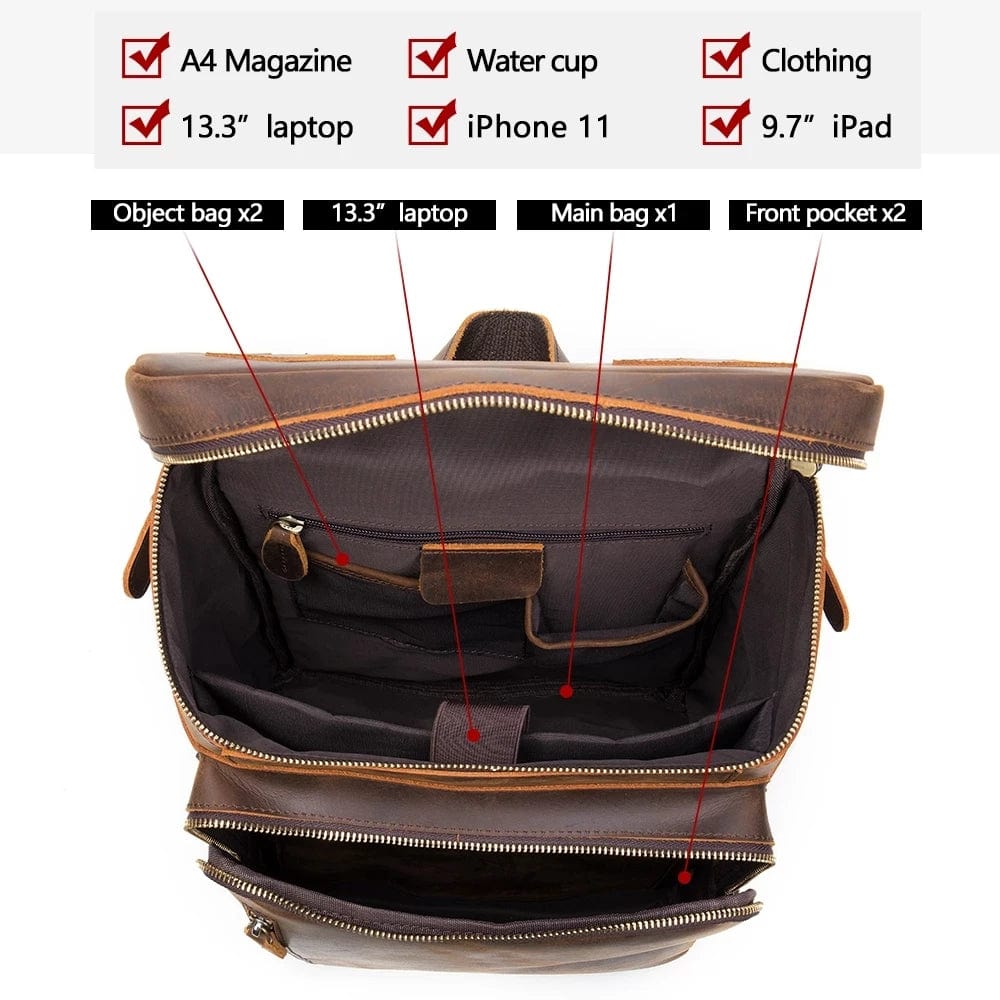 Sac à dos chic en cuir marron pour homme, parfait pour le travail et les loisirs, style intemporel