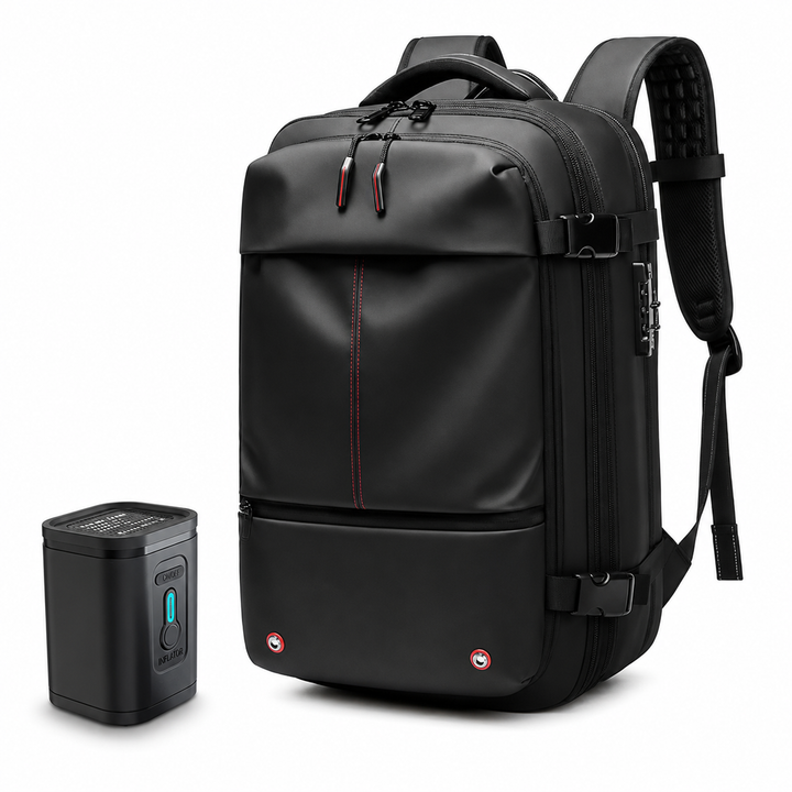 Sac à dos de voyage cabine extensible avec compression intégrée, idéal pour avion et week-end.