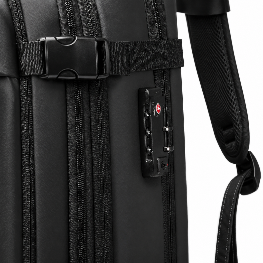 Sac à dos de voyage cabine avec compression, organiseur interne et espace dédié pour ordinateur portable.