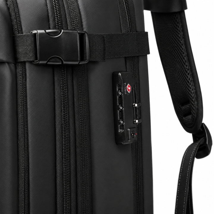 Sac à dos de voyage cabine avec compression, organiseur interne et espace dédié pour ordinateur portable.