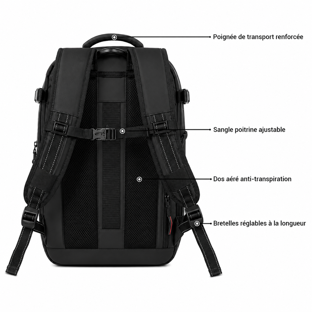 Sac à dos de voyage avec compartiment ordinateur, poches pour organisation, parfait pour travail ou loisirs.