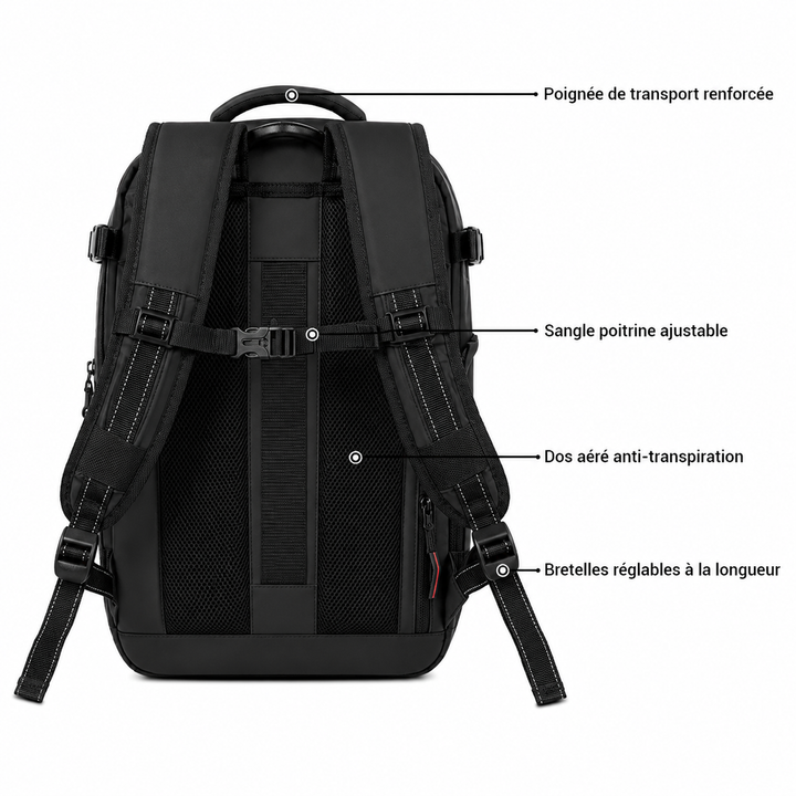 Sac à dos de voyage avec compartiment ordinateur, poches pour organisation, parfait pour travail ou loisirs.