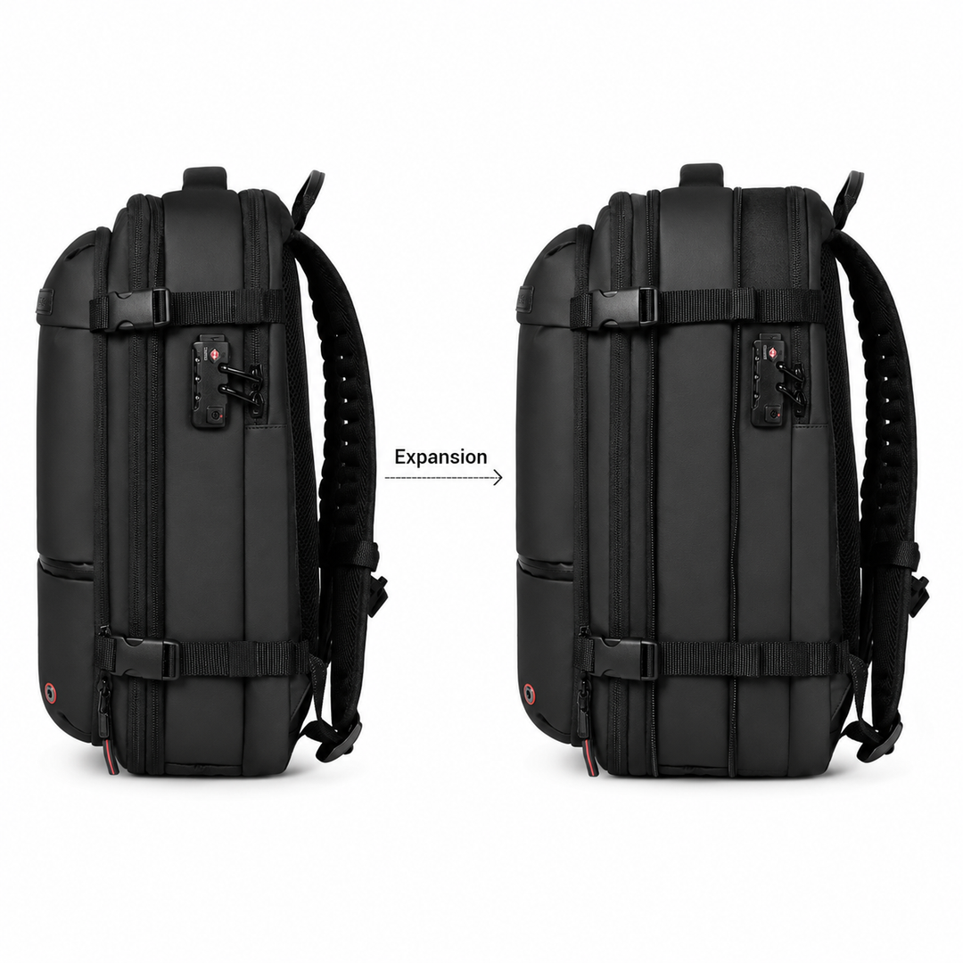 Sac à dos de voyage cabine compression intégrée pour maximiser l'espace, léger et pratique à transporter.