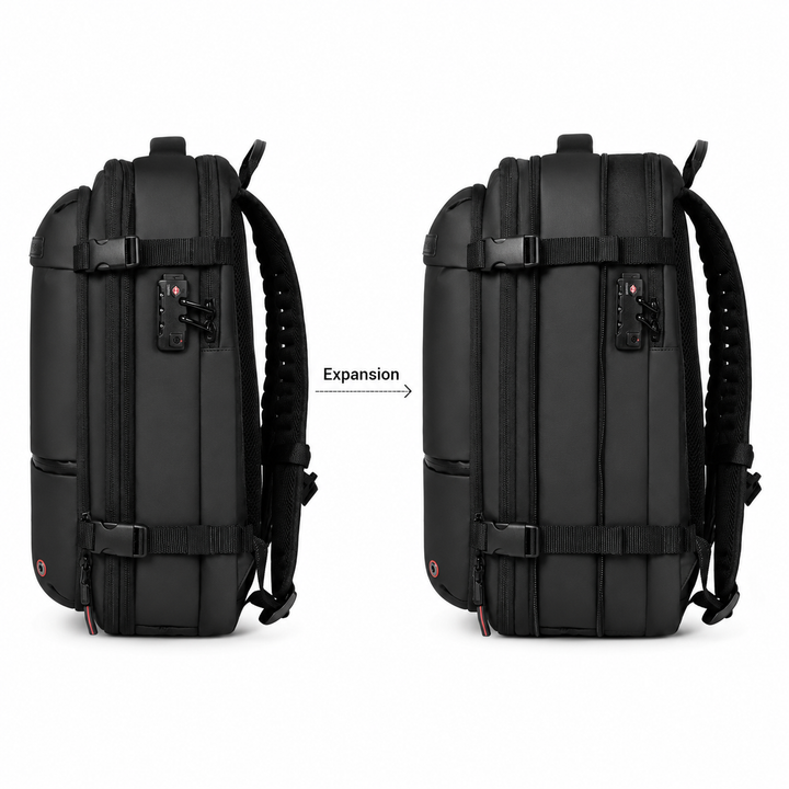 Sac à dos de voyage cabine compression intégrée pour maximiser l'espace, léger et pratique à transporter.