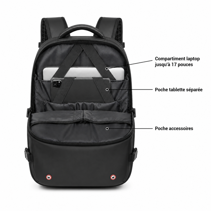 Sac à dos déperlant pour voyage, protège affaires de la pluie, avec compartiment ordinateur sécurisé.