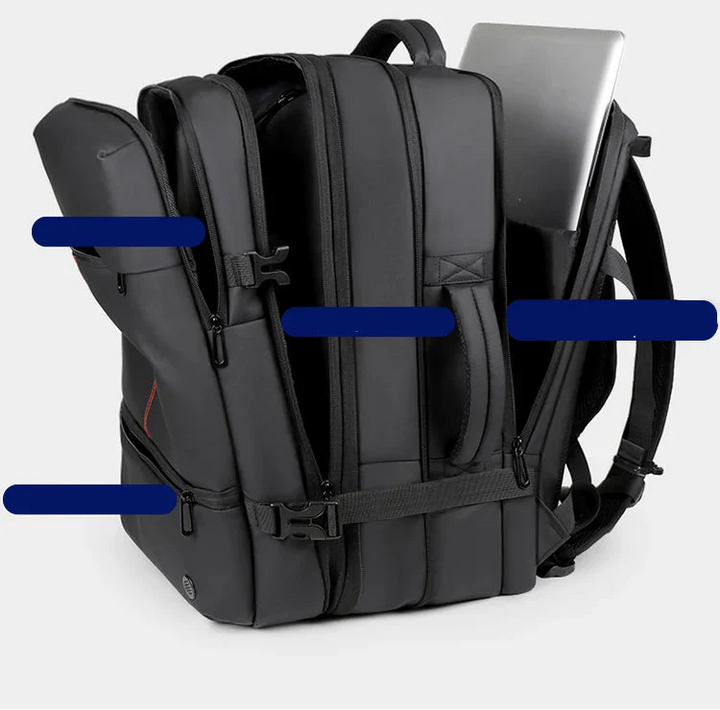 Détail du sac à dos de voyage homme avec fermeture éclair étanche et poche latérale pour bouteille d'eau