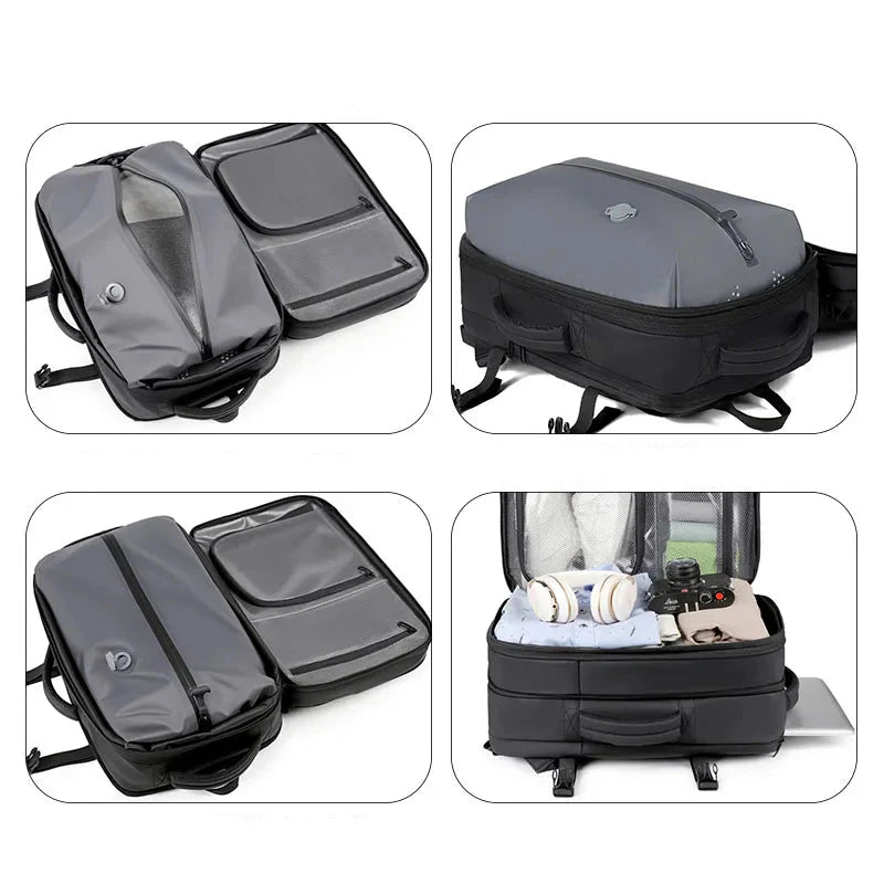 Sac à dos de voyage homme porté sur le dos, style élégant et contemporain, parfait pour les déplacements pro