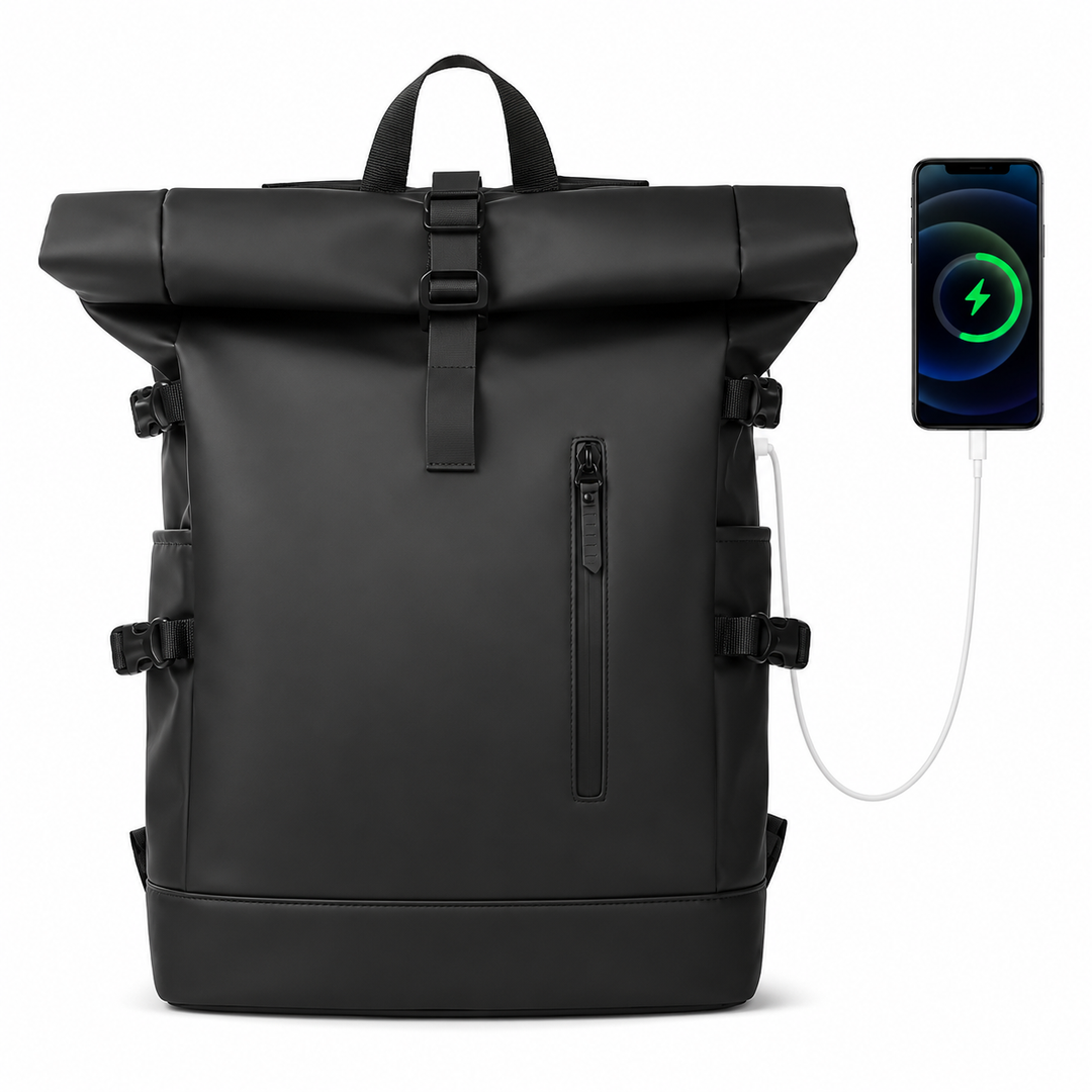 Sac à dos de voyage multifonction roll-top bleu avec port USB intégré pour nomades modernes.