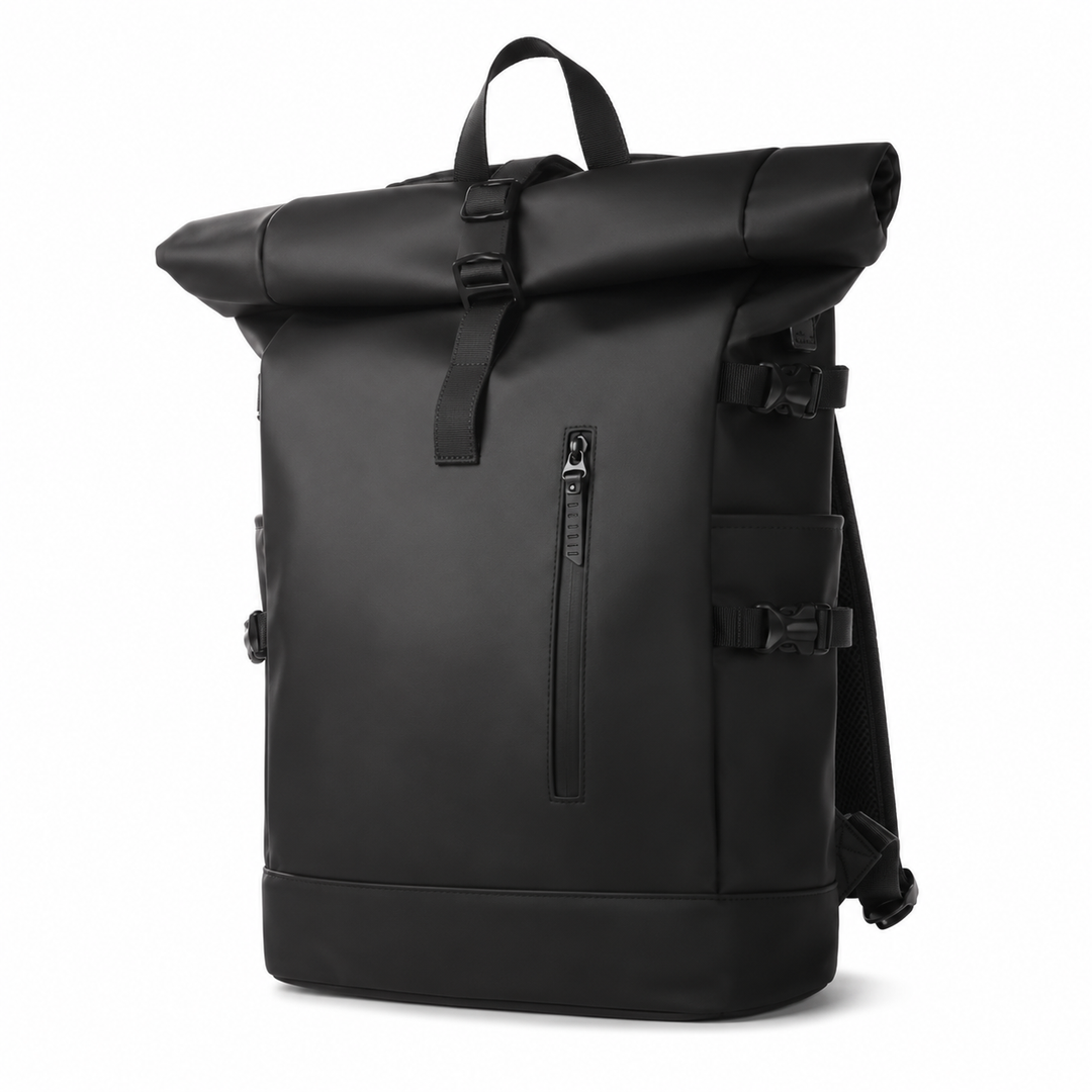Sac à dos urbain roll-top unisexe noir, idéal pour ordinateur portable et usage quotidien en ville.