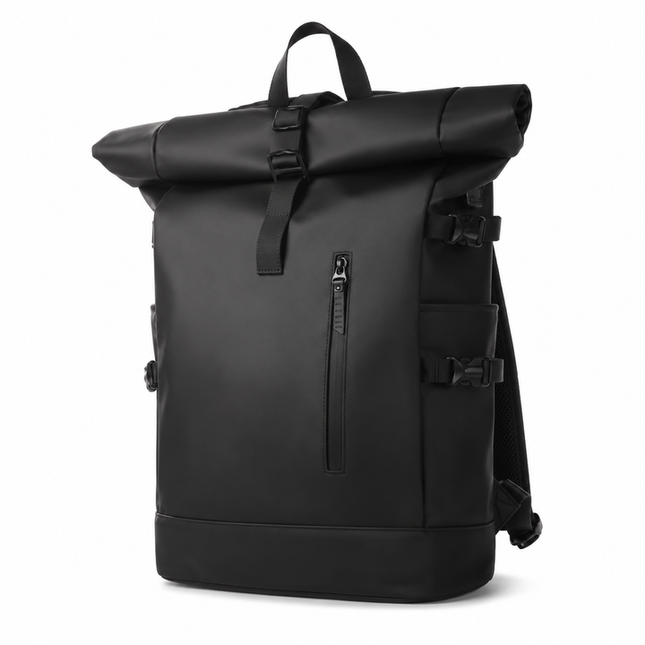 Sac à dos urbain roll-top unisexe noir, idéal pour ordinateur portable et usage quotidien en ville.