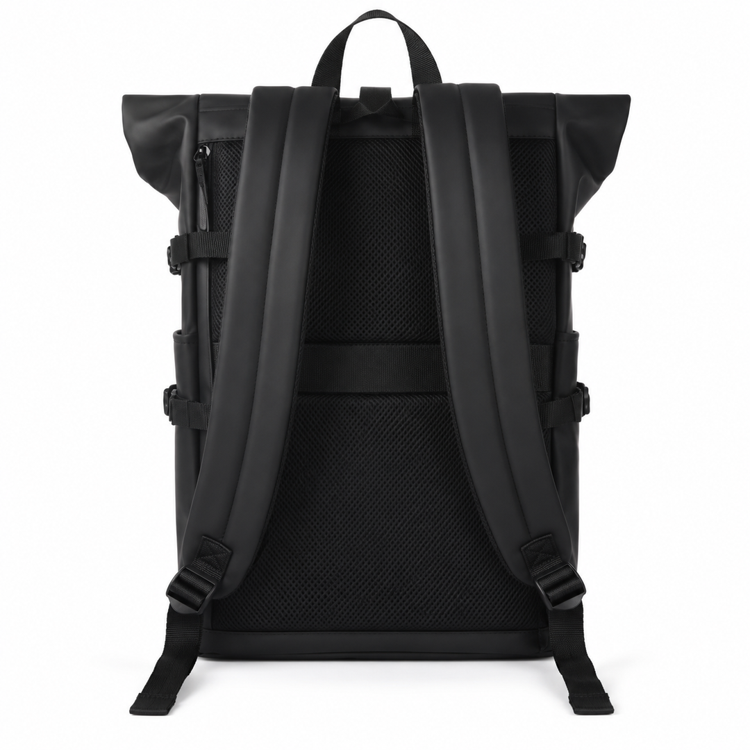 Sac à dos roll-top blanc épuré unisexe, idéal pour voyage urbain et transport PC, port USB intégré.