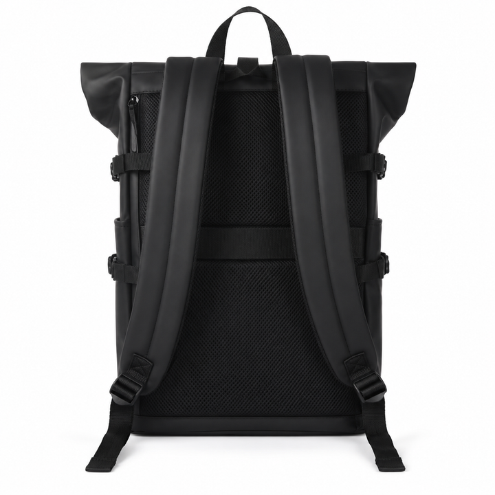 Sac à dos roll-top blanc épuré unisexe, idéal pour voyage urbain et transport PC, port USB intégré.