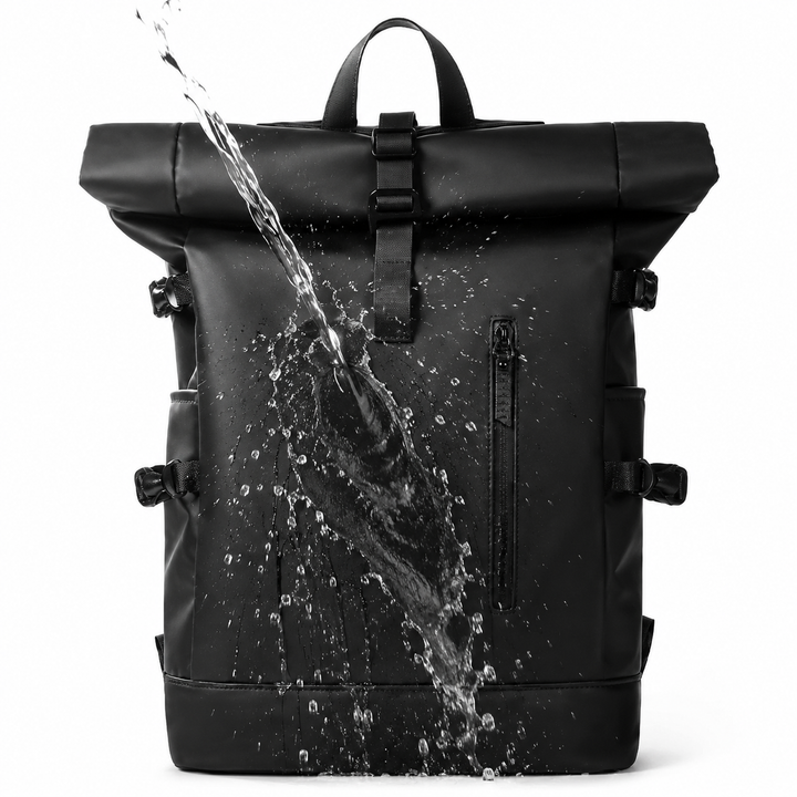 Sac à dos roll-top unisexe avec fermeture ajustable, port USB, idéal pour le voyage et la ville.