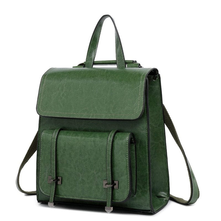 Vue de face d'un sac à dos en cuir élégant pour femme, montrant les détails des boucles et finitions