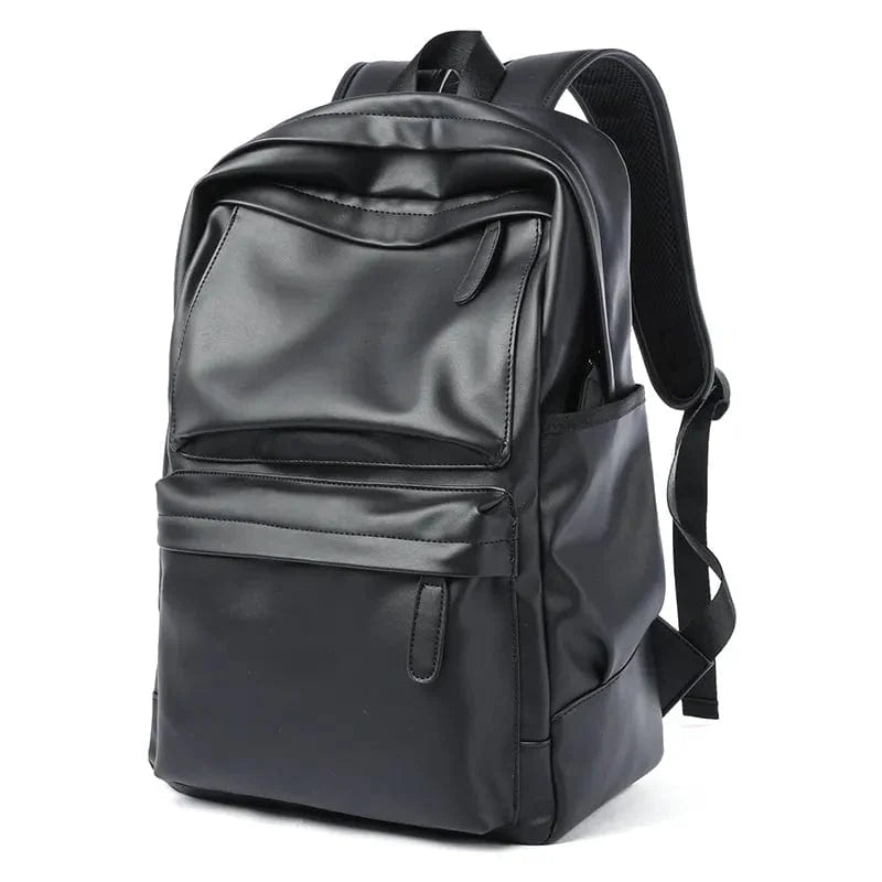 Sac à dos en cuir noir imperméable pour homme, style luxe ville, avec compartiment ordinateur.
