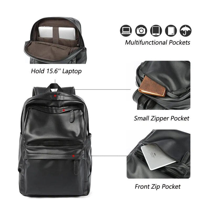 Vue de face d'un sac à dos en cuir imperméable pour homme, parfait pour ordinateur portable.