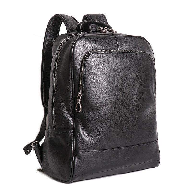 Sac à dos en cuir élégant pour homme, parfait pour le travail ou le voyage, couleur noire intense.
