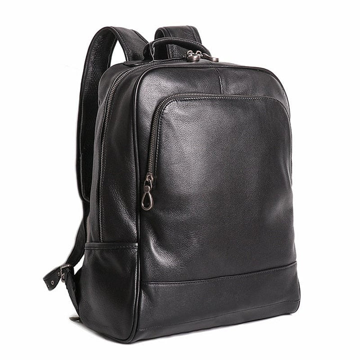 Sac à dos en cuir élégant pour homme, parfait pour le travail ou le voyage, couleur noire intense.