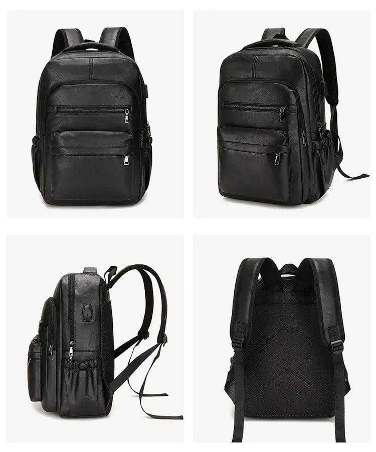 Sac à dos en similicuir grainé couleur café pour homme, grand compartiment, adapté au travail.