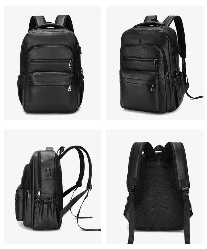 Sac à dos en similicuir grainé couleur café pour homme, grand compartiment, adapté au travail.