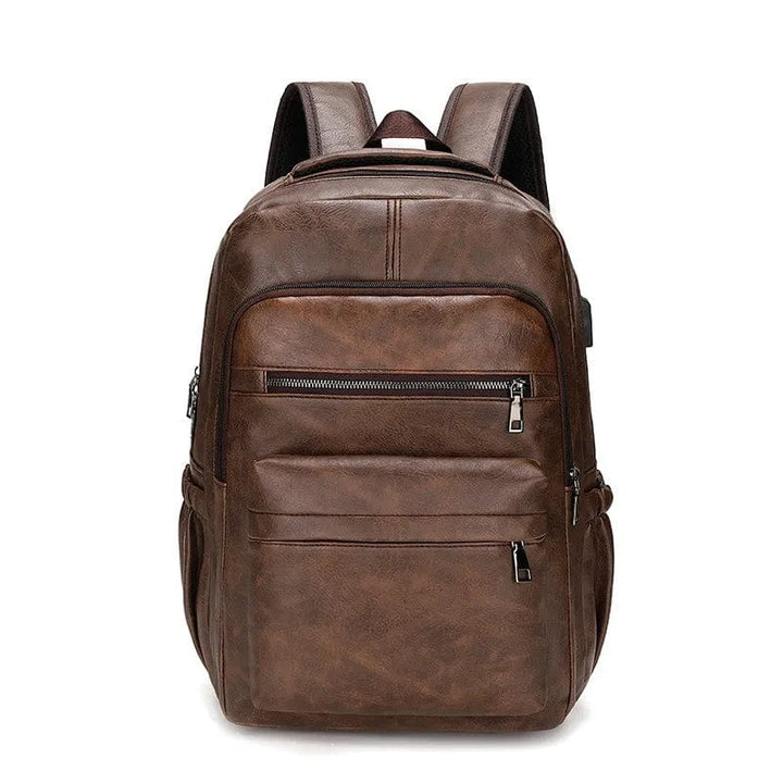 Sac à dos pour ordinateur portable, en cuir vegan noir, plusieurs poches, confortable pour homme.