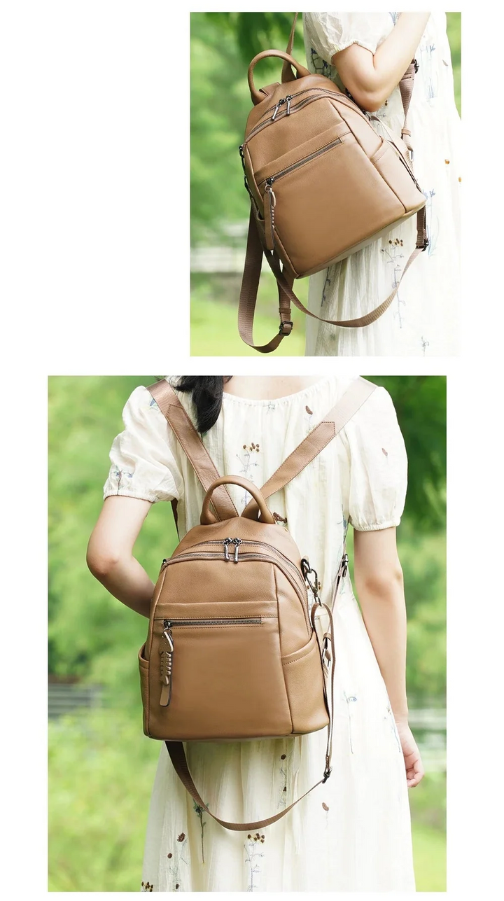Sac à dos urbain en cuir pour femme, design épuré et compact, idéal pour les sorties quotidiennes.