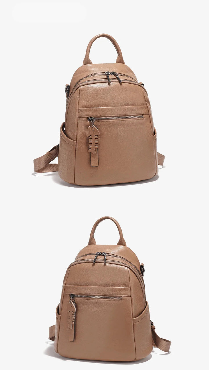 Sac à dos chic en cuir pour femme, avec détails dorés, parfait pour compléter un look élégant.