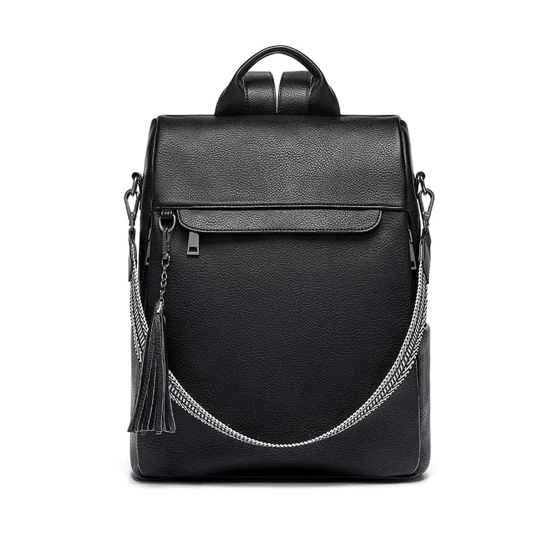 Sac à dos femme noir en cuir vegan, style urbain chic, idéal pour transporter vos essentiels avec confort et féminité.