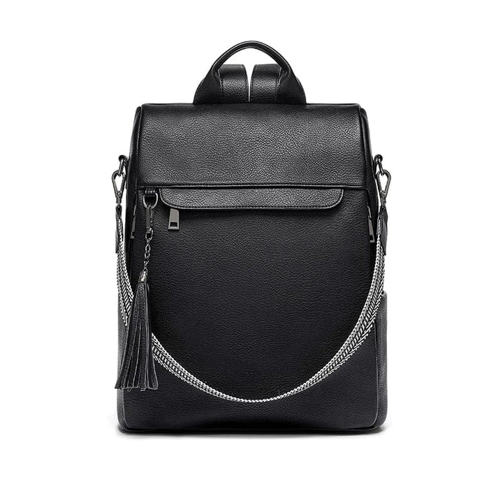 Sac à dos femme noir en cuir vegan, style urbain chic, idéal pour transporter vos essentiels avec confort et féminité.