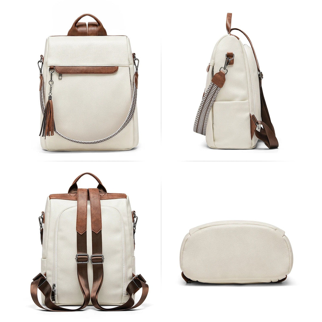 Image lifestyle d'une femme portant un sac à dos en cuir vegan noir, illustrant son adéquation au style urbain et à la mode.