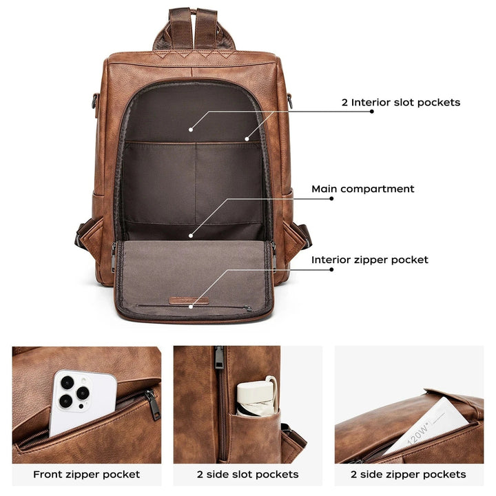 Sac à dos femme en cuir vegan marron ouvert, montrant son intérieur spacieux et organisé, parfait pour le travail ou les loisirs.