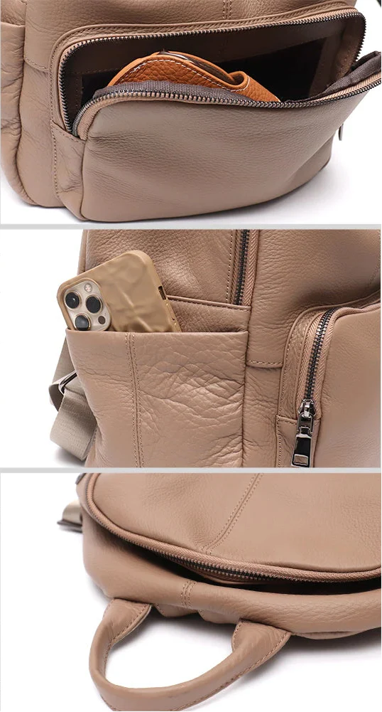 Sac à dos femme gris en cuir vegan, au design épuré, idéal pour un look chic et écologique.